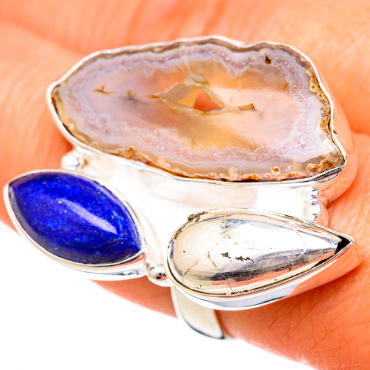White Geode Slice, Lapis Lazuli, Pyrite Rings handcrafted by Ana Silver Co - RING102167