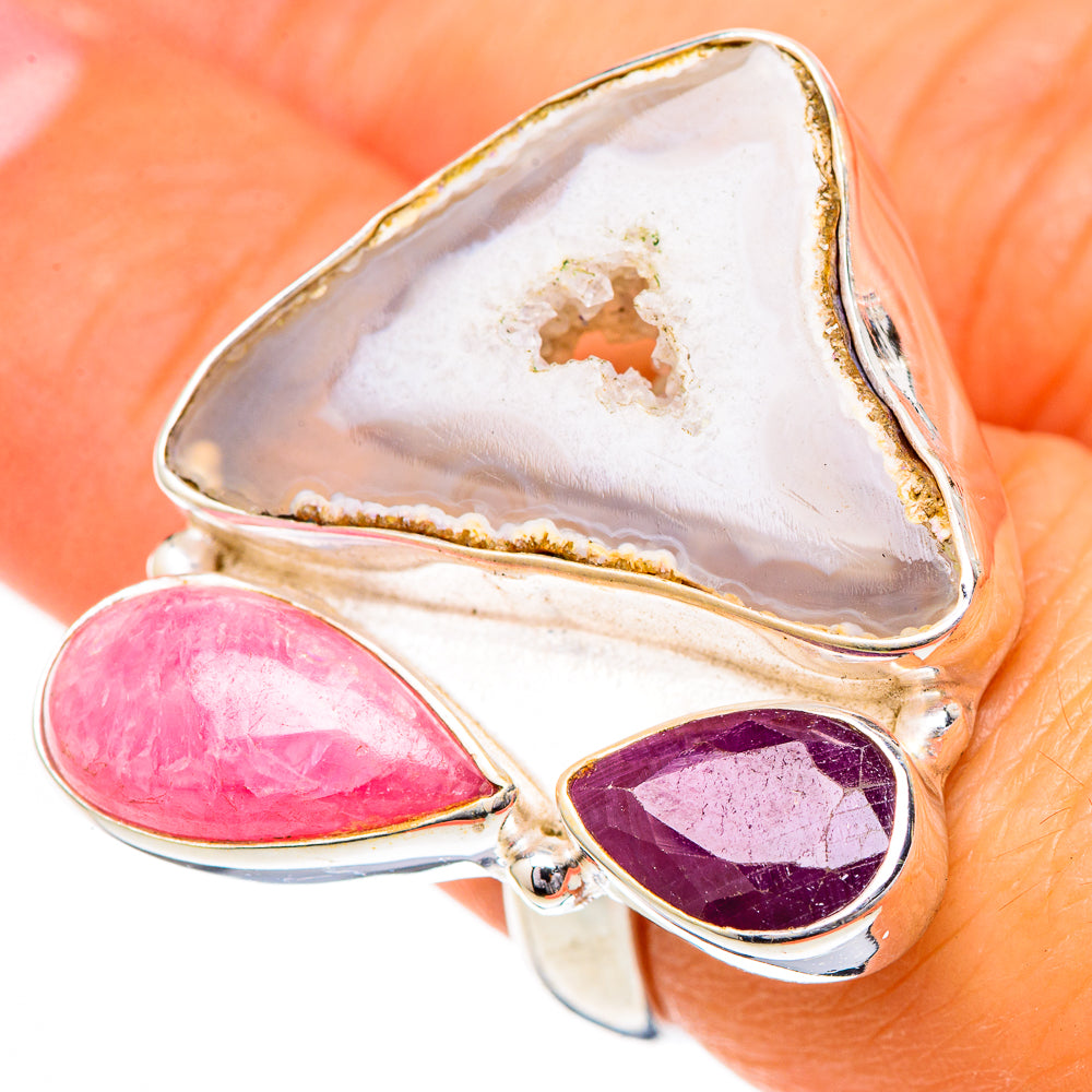 White Geode Slice, Rhodochrosite, Ruby Rings handcrafted by Ana Silver Co - RING102232