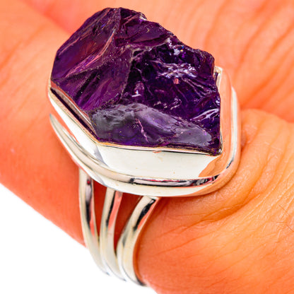 Rough amethyst 925 ring, size 7, purple raw stone in silver bezel