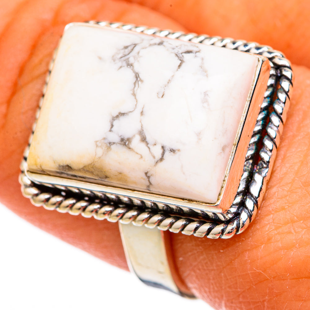 925 sterling silver ring with rectangular howlite stone, rope-style border, angled view