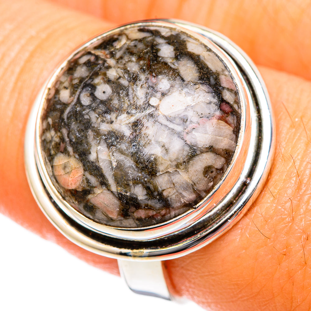 925 sterling silver ring with round-oval crinoid fossil cabochon, multicolor speckles