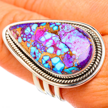 Turquoise spiny oyster teardrop ring bezel close-up on 925 sterling silver band