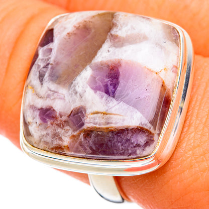Large oval silver ring with purple and white crystal inlay, size 9