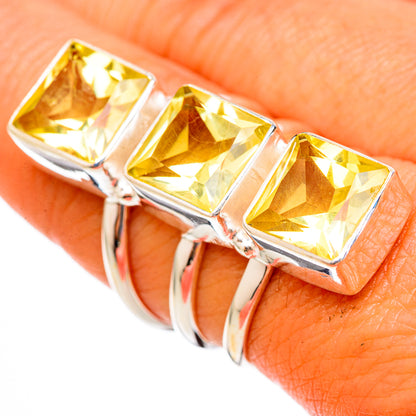 Large faceted citrine ring in sterling silver with three square yellow gemstones