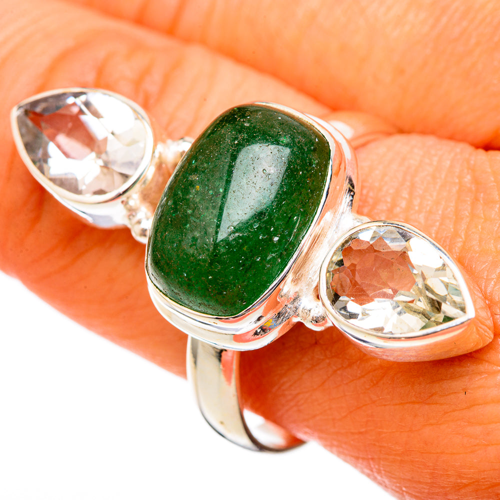 925 sterling silver ring with green aventurine center and two clear quartz stones