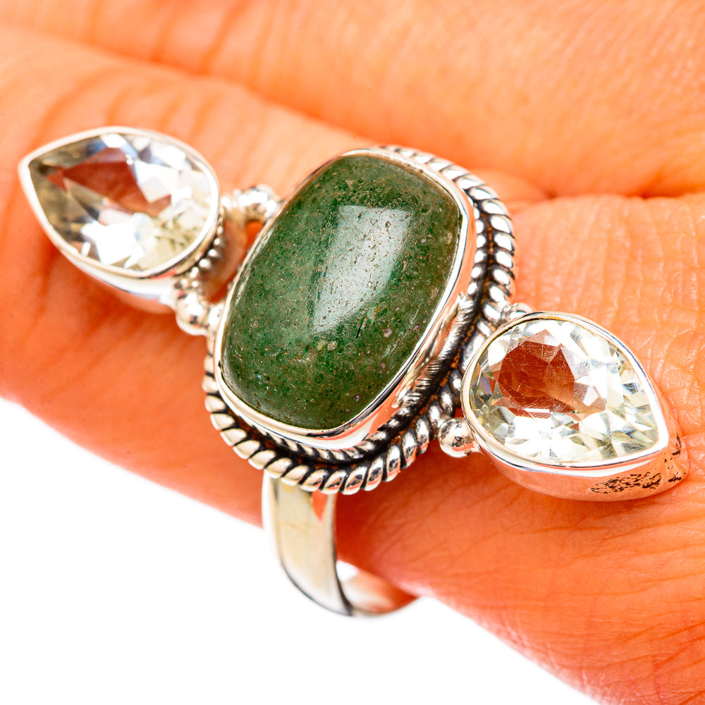 Oval green aventurine and clear quartz ring with 925 sterling silver settings