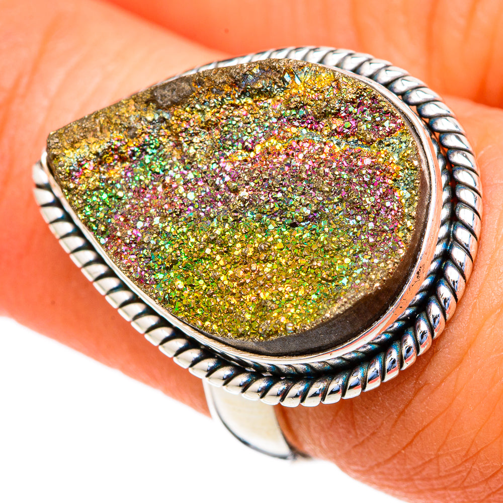 Druzy pyrite ring with teardrop bezel, multicolor sparkly mineral and rope silver band