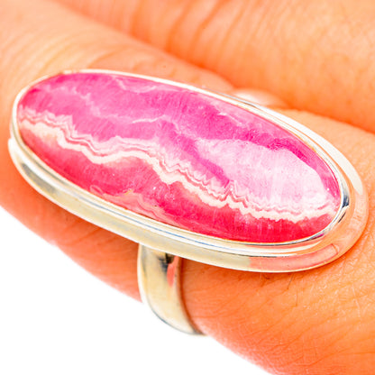 Large rhodochrosite ring with oval pink gemstone cabochon in 925 silver setting