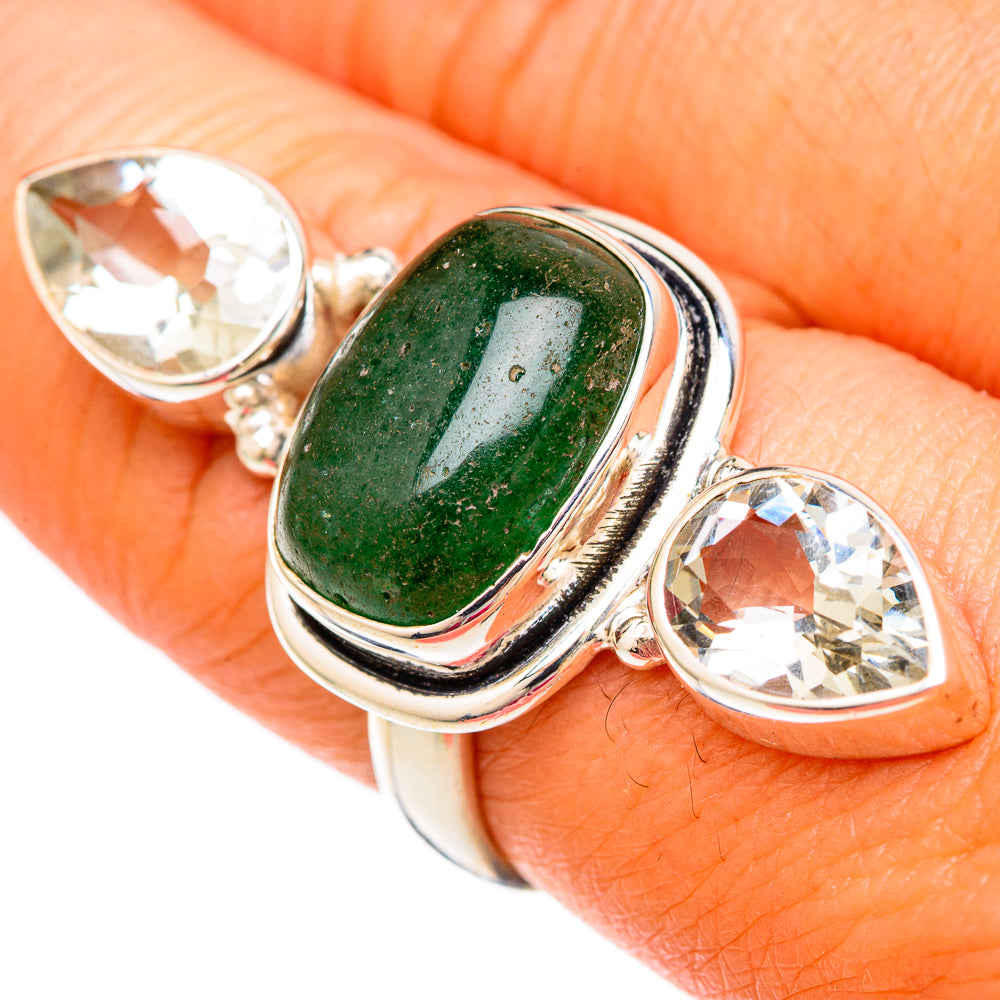 Side view oval green aventurine ring with 2 oval white quartz stones, 925 silver