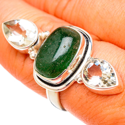 Side view oval green aventurine ring with 2 oval white quartz stones, 925 silver