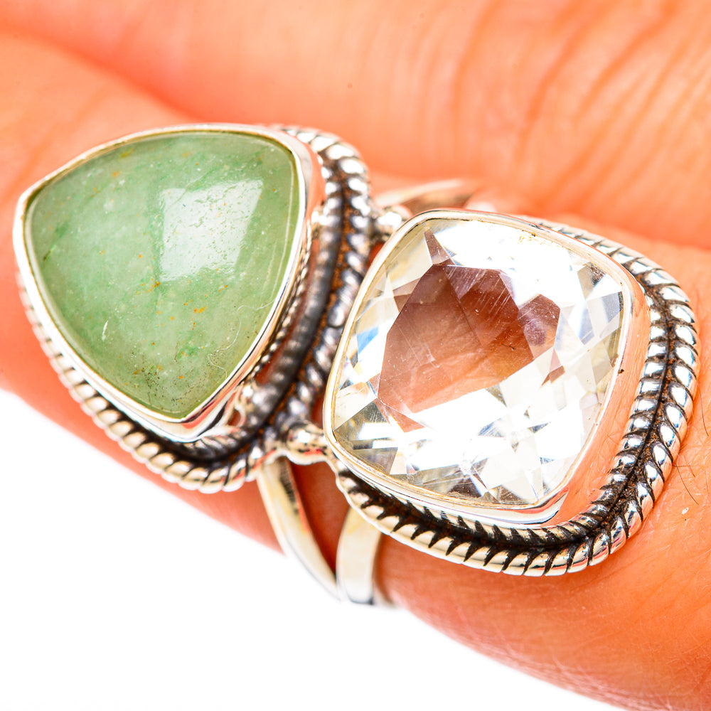 Green aventurine and clear quartz double-stone ring with rope bezel, 925 silver
