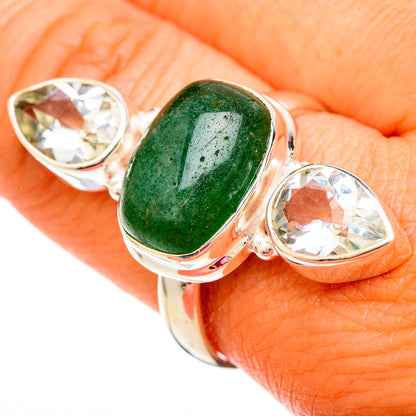925 sterling silver ring with green oval aventurine and two clear oval gemstones