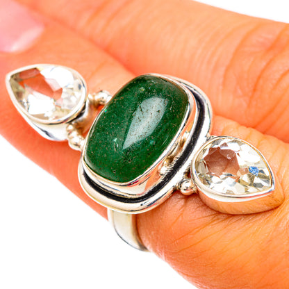 Green aventurine oval statement ring with two clear marquise stones, 925 sterling silver