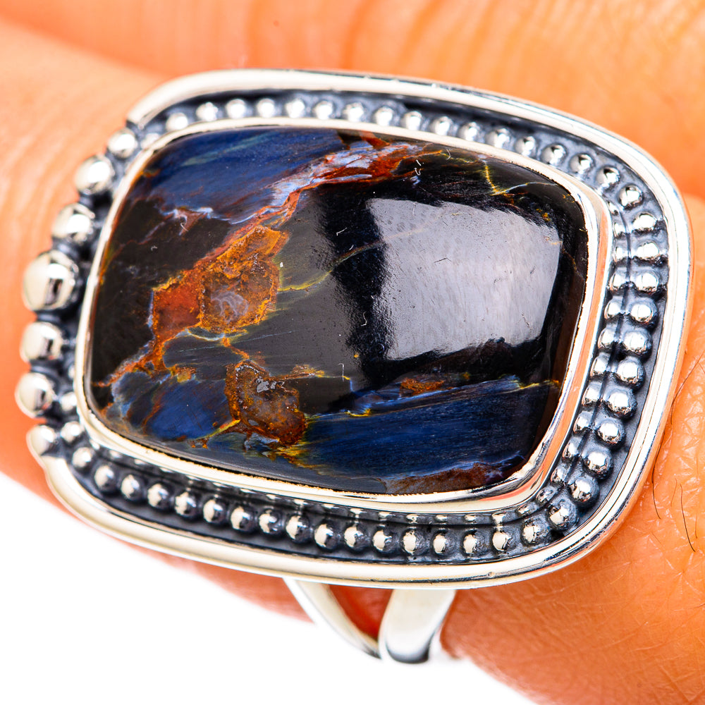 Oval pietersite ring in 925 sterling silver bezel, dark blue with orange veins