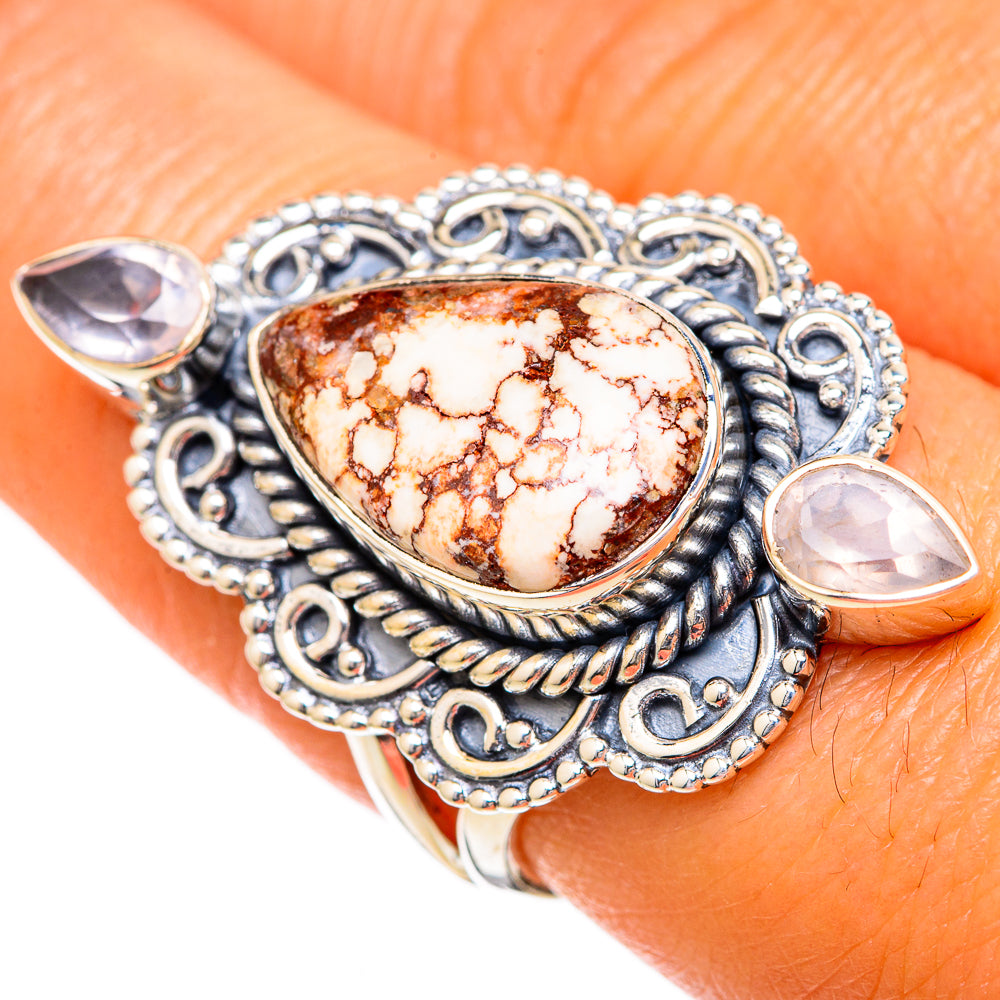 Sterling silver filigree ring with marbled wild horse jasper cabochon and rose quartz side stones
