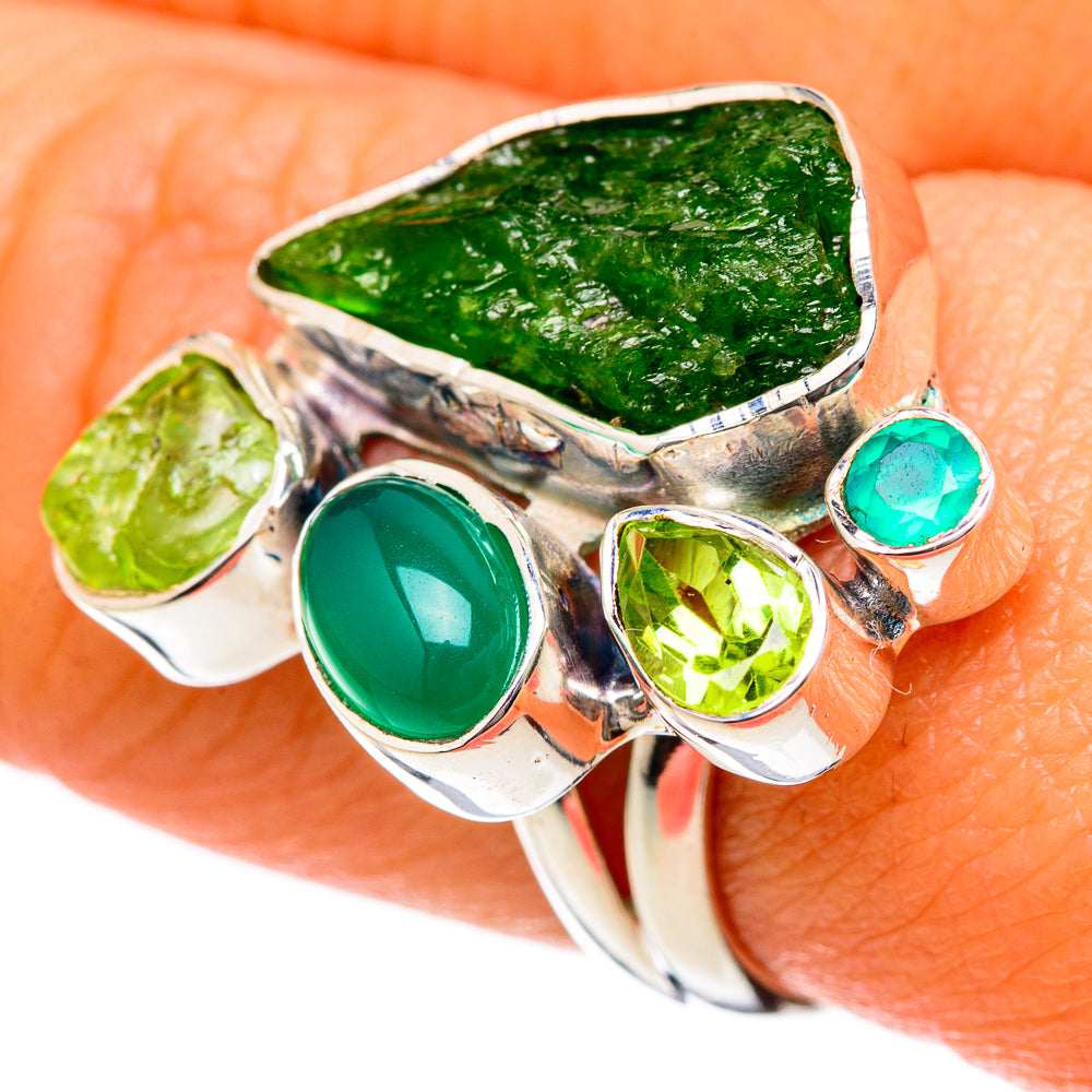 925 sterling silver green gemstone ring with oversized oval and three small bezel-set stones