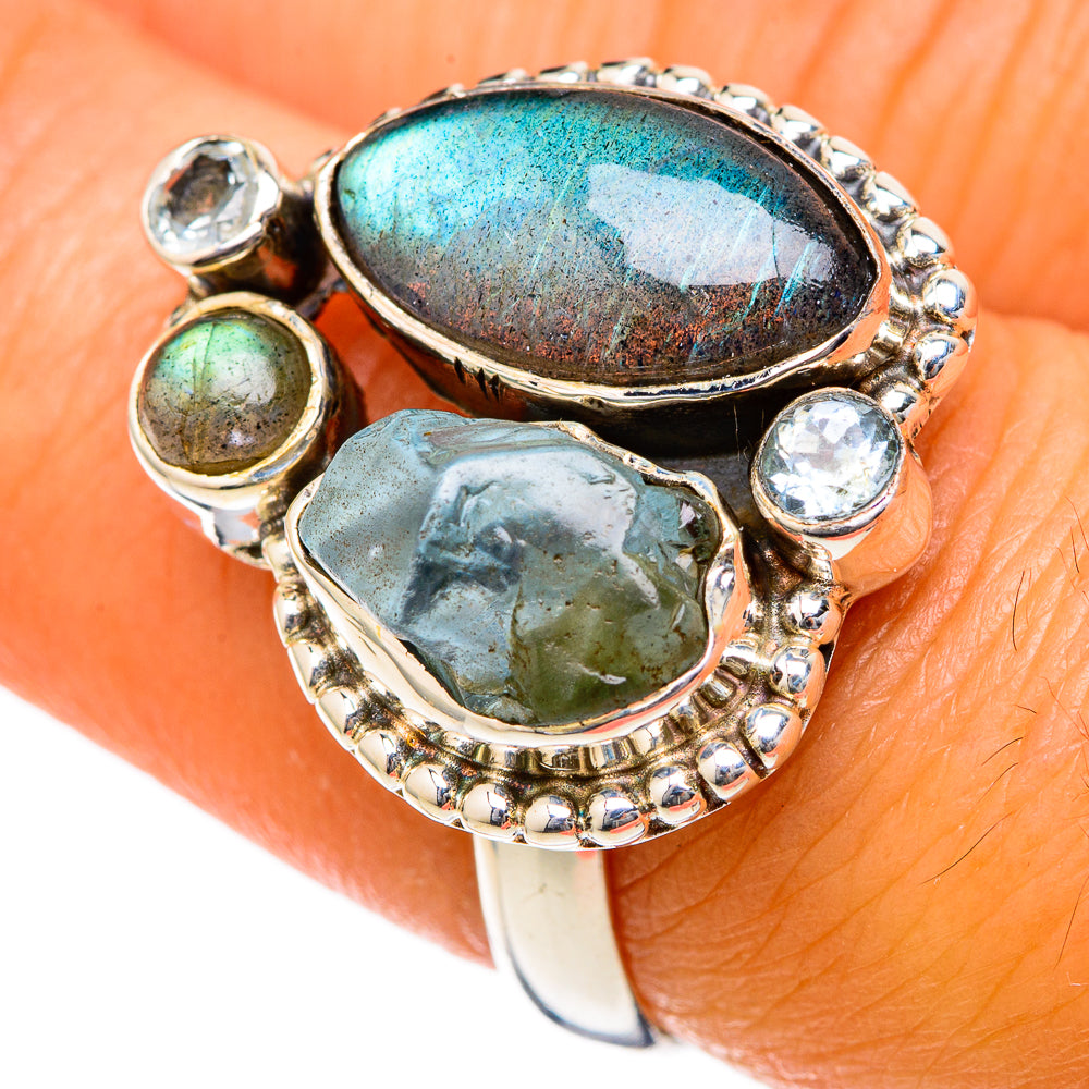 Sterling silver ring with oval labradorite, aquamarine and blue topaz stones, size 7.5