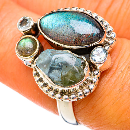 Sterling silver ring with oval labradorite, aquamarine and blue topaz stones, size 7.5