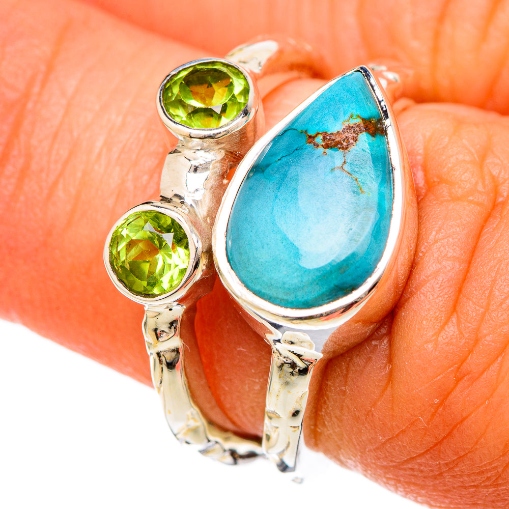 Sterling silver ring with turquoise teardrop and two peridot round stones, size 6.25