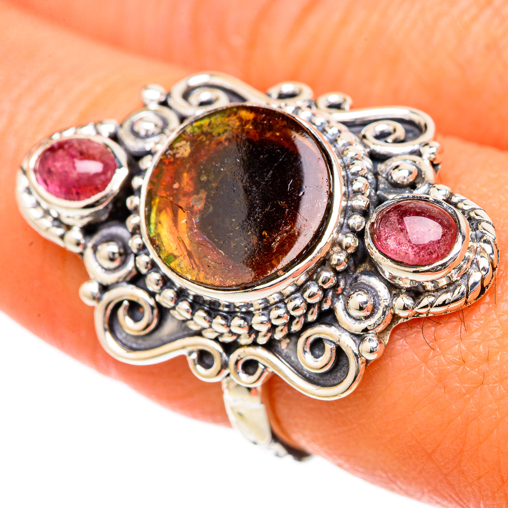 Sterling silver oval ring with dark amber watermelon tourmaline center and pink side stones