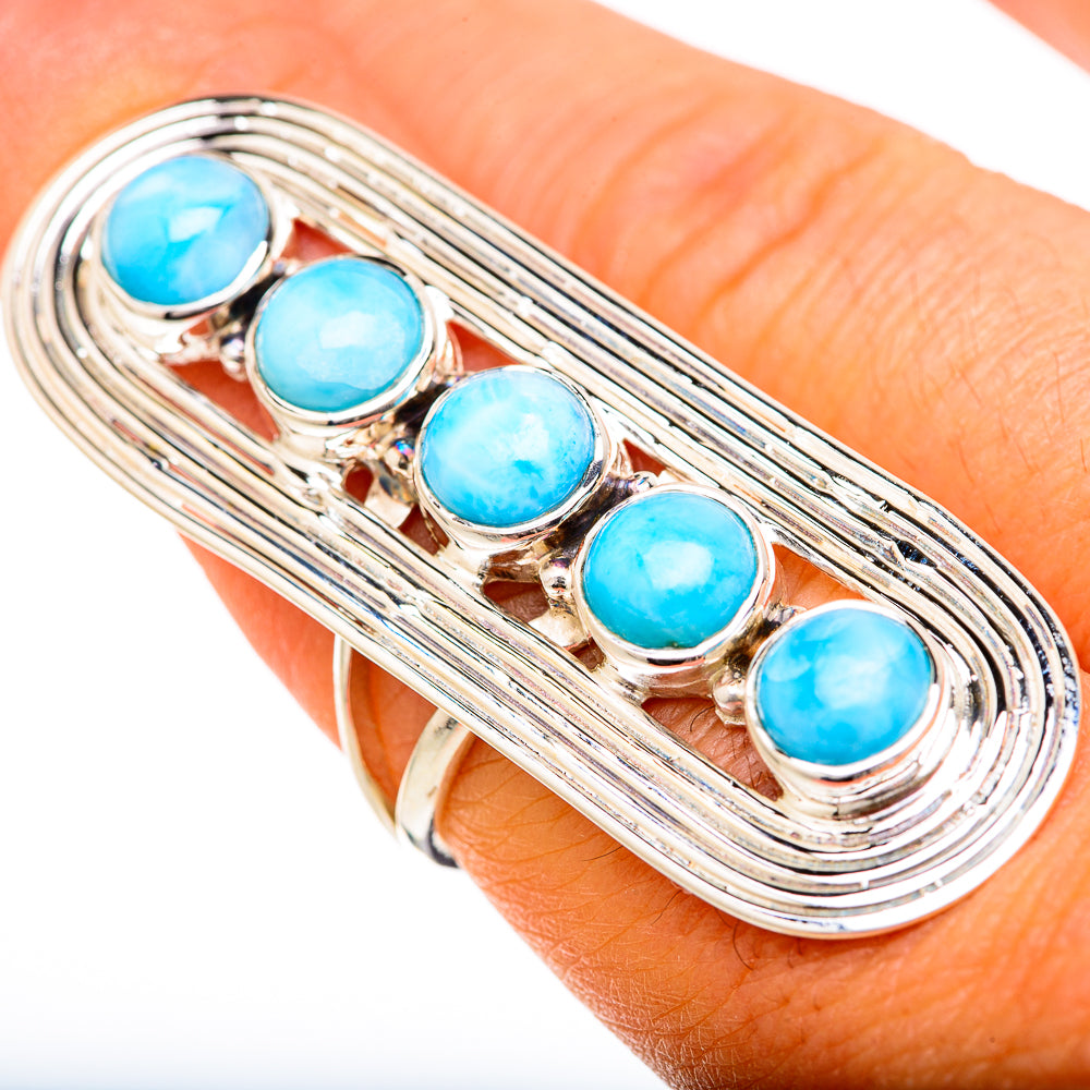 Silver oval gemstone ring with five blue larimar cabochons in stacked bezel frame