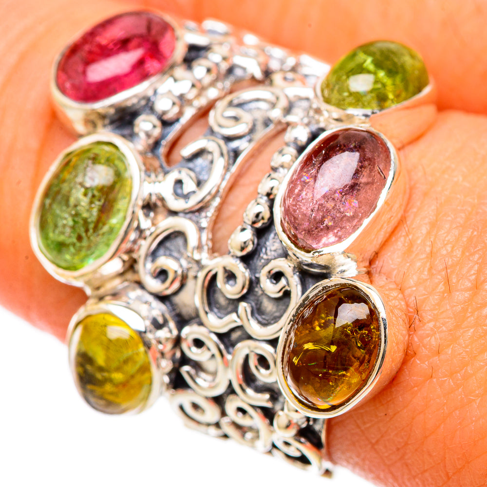 Sterling silver filigree ring with oval pink and green tourmaline-like gemstones