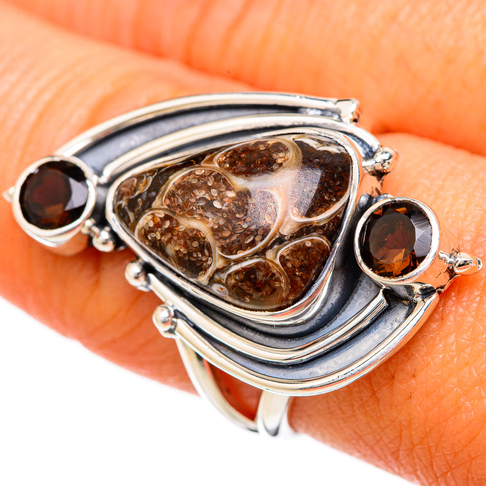 925 silver ring, smoky quartz and Turritella agate teardrop; size 8.25