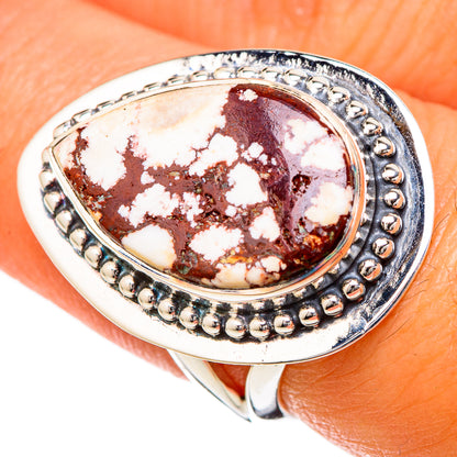 Sterling silver oval jasper cabochon ring with bead bezel, openwork sides, size 7.5