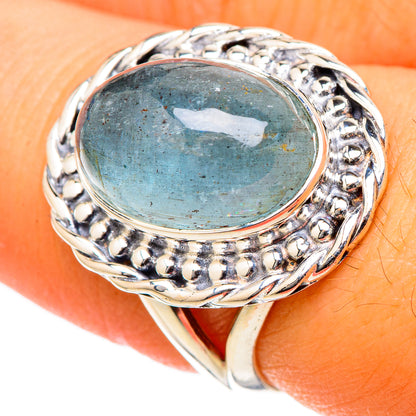 Aquamarine oval cabochon ring in sterling silver, ornate beaded bezel