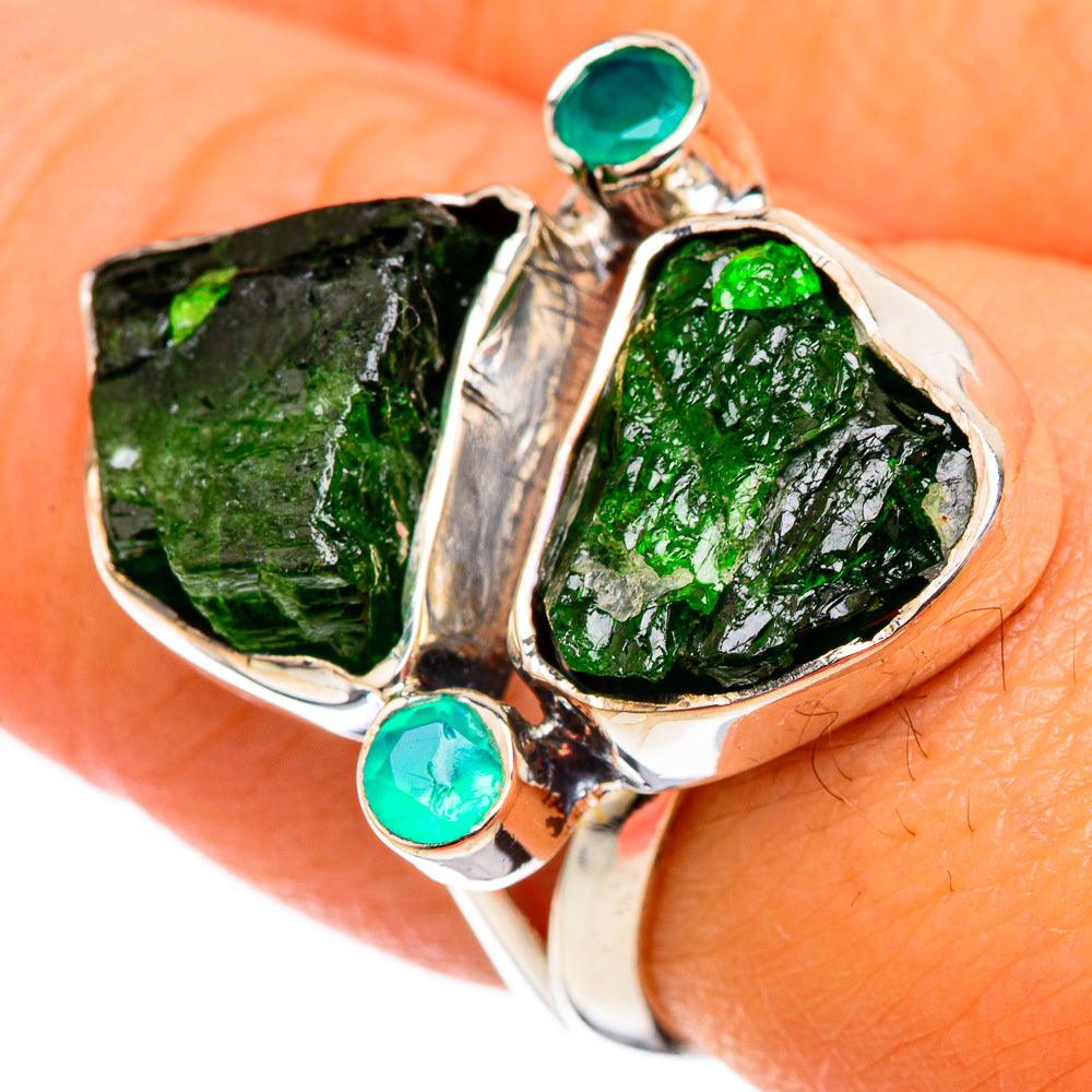 Sterling silver ring with three rough green stones and three teal cabochons