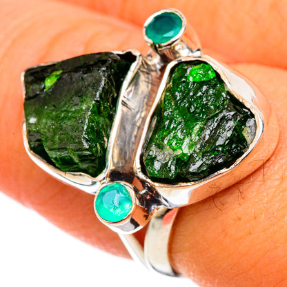 Sterling silver ring with three rough green stones and three teal cabochons