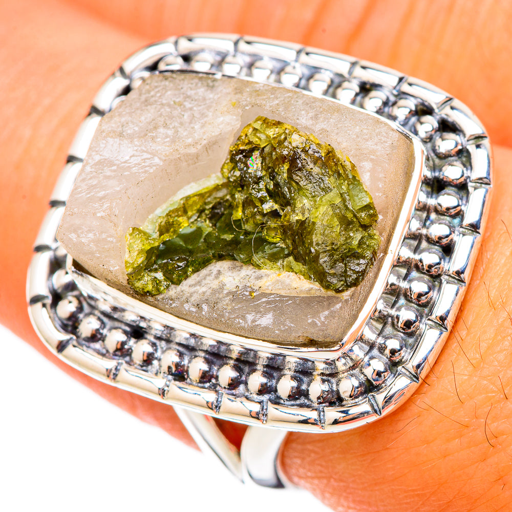 Sterling silver ring with green tourmaline quartz center and raised bead bezel setting