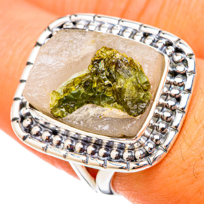 Sterling silver ring with green tourmaline quartz center and raised bead bezel setting