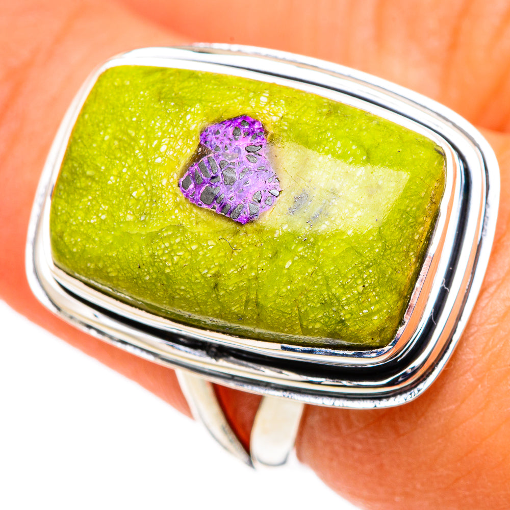 925 sterling silver ring with green atlantisite stone and small purple center detail