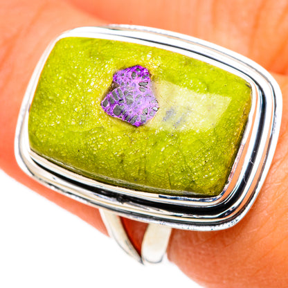 925 sterling silver ring with green atlantisite stone and small purple center detail