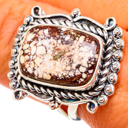 Sterling silver ring with oval Wild Horse jasper cabochon on openwork rope-style setting