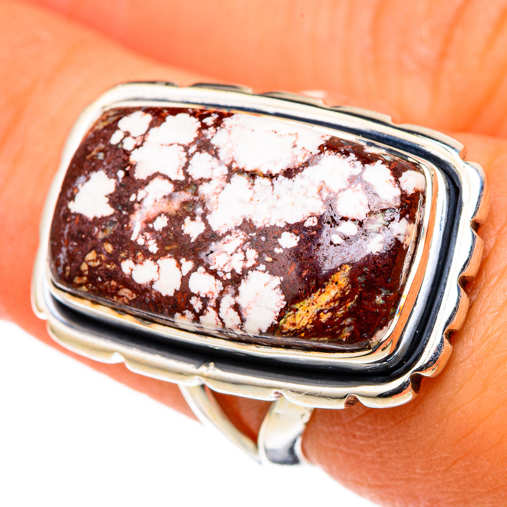 Sterling silver jasper ring with dark brown stone and white veining, rectangular bezel