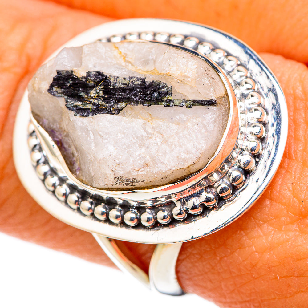 Sterling silver oval quartz ring with beaded bezel and black tourmaline needle