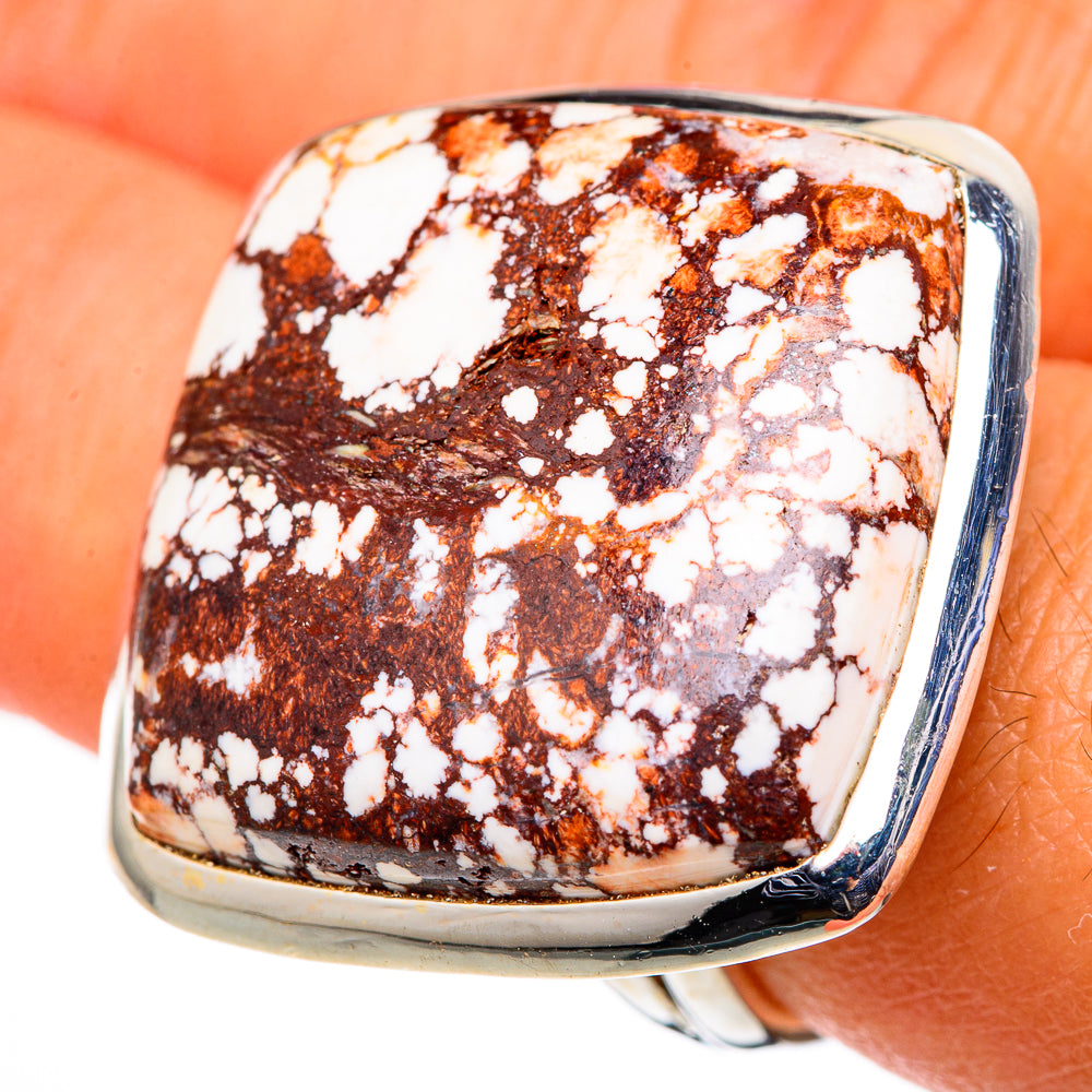 Sterling silver ring with wild horse jasper cabochon in dark brown and white, silver bezel