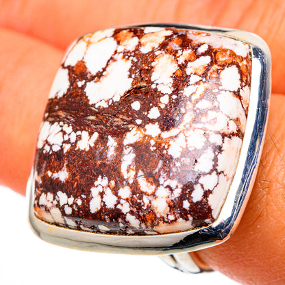 Sterling silver ring with wild horse jasper cabochon in dark brown and white, silver bezel