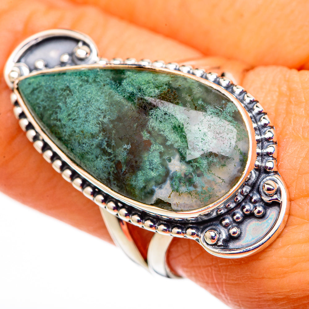 Sterling silver teardrop ring with green moss agate and bead-dot border detail