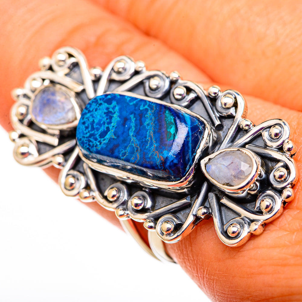 Azurite, Rainbow Moonstone Rings handcrafted by Ana Silver Co - RING105891