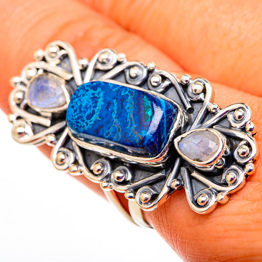 Azurite, Rainbow Moonstone Rings handcrafted by Ana Silver Co - RING105891