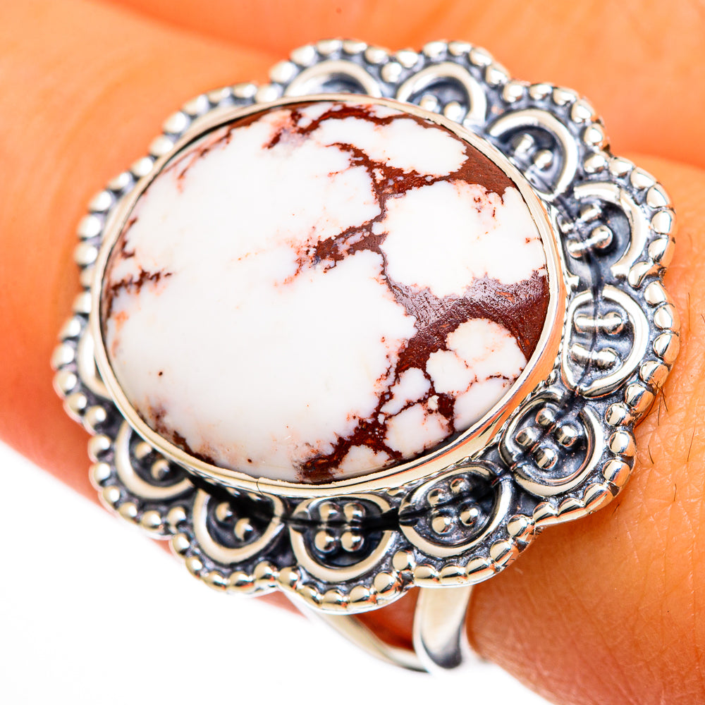 925 sterling silver jasper ring with oval white cabochon and red veining, detailed bezel