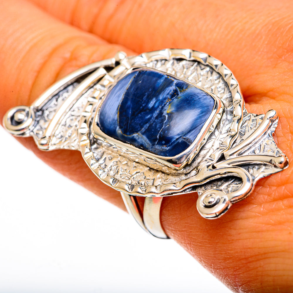 925 sterling silver pietersite ring with oval blue stone and filigree scrolls