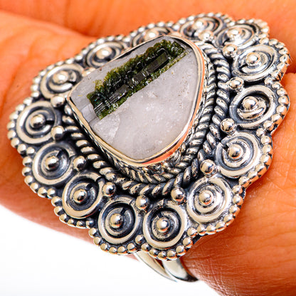 Sterling silver ring with green tourmaline in quartz and ornate oval setting