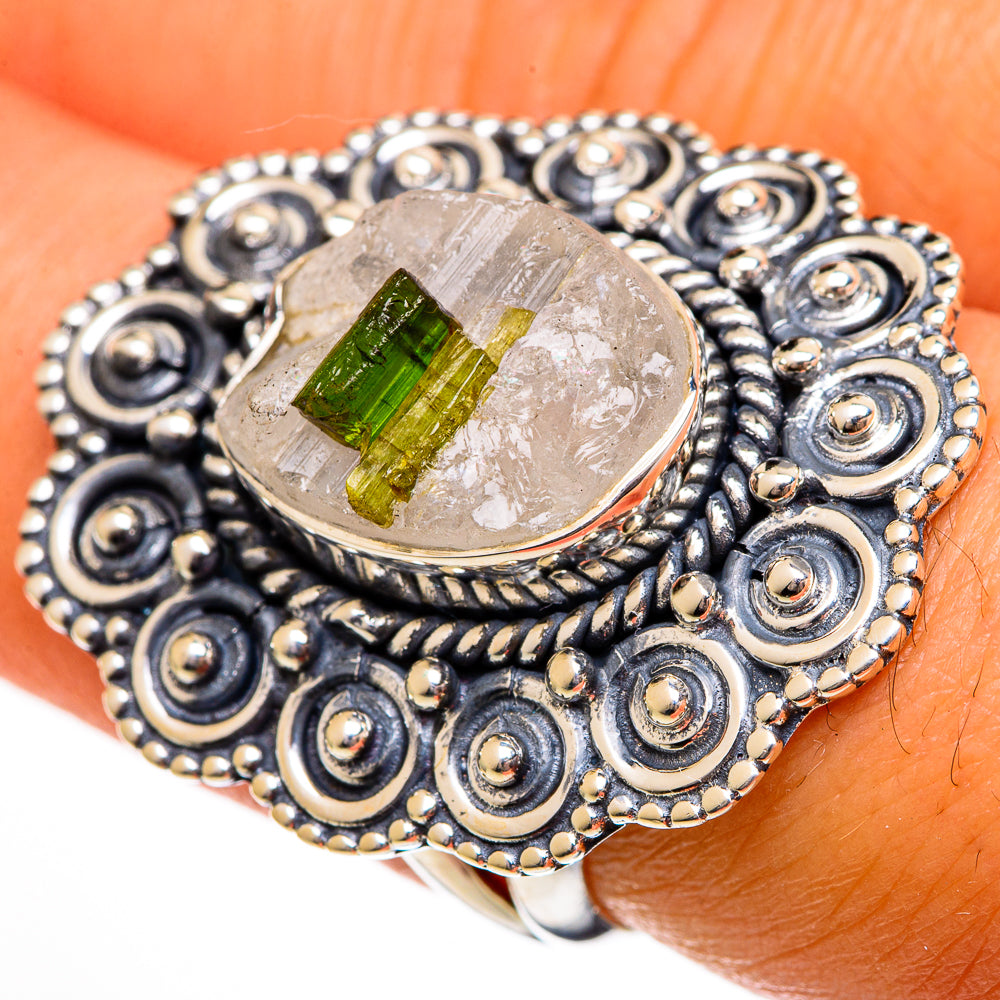 925 sterling silver filigree ring with large green tourmaline in oval quartz setting