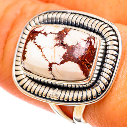 925 sterling silver ring with wild horse jasper rectangular stone on finger, brown and cream