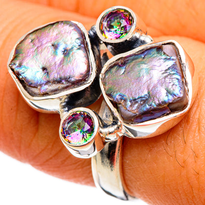 Sterling silver ring with three iridescent mother-of-pearl stones and round mystic topaz accents