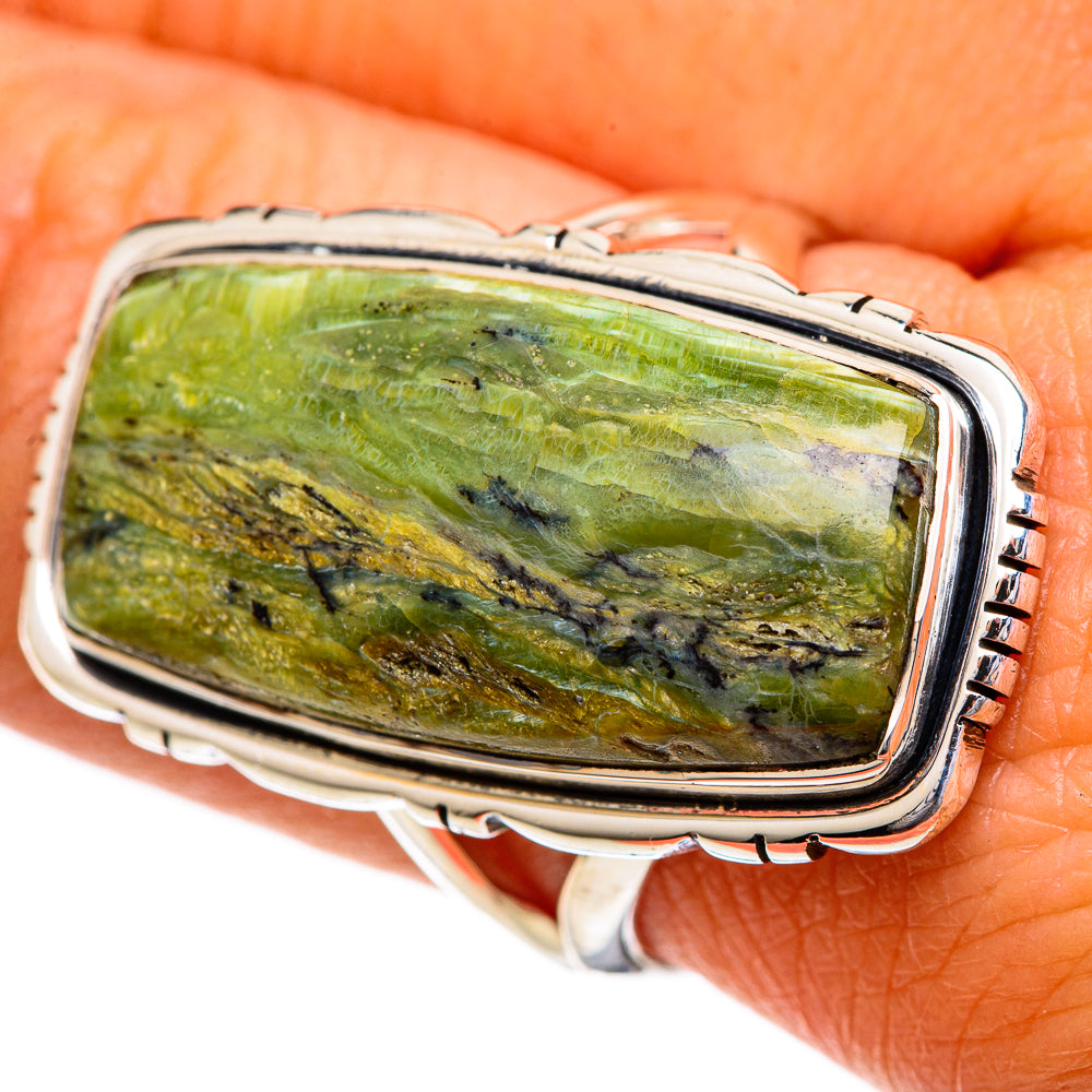 Rectangular green opal gemstone ring with 925 sterling silver bezel on finger